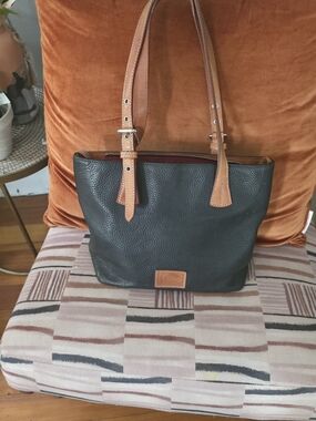 Dooney & Bourke Black Pebbled Leather Tote with Brown Straps